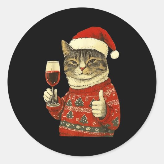 Christmas Cat Likes Cute Cat Drinking Wine With Sa ラウンドシール (正面)
