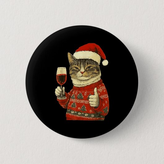 Christmas Cat Likes Cute Cat Drinking Wine With Sa 缶バッジ (正面)