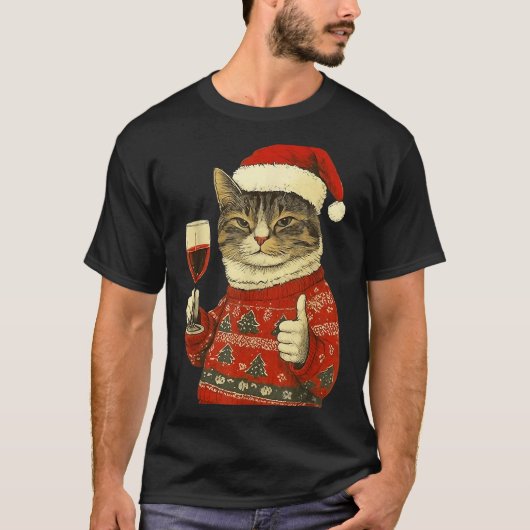 Christmas Cat Likes Cute Cat Drinking Wine With Sa Tシャツ (正面)