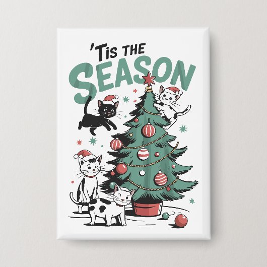 Christmas Cat Retro Tis The Season Meowy Catmas  缶バッジ (正面)