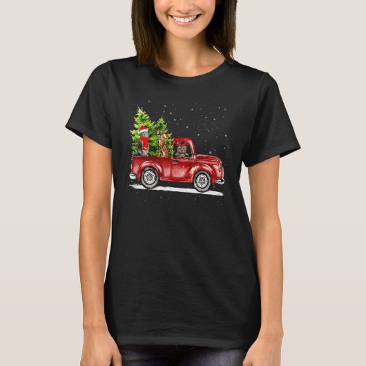 Christmas Cat Santa Reindeer Red Truck Xmas Tree P Tシャツ (正面)