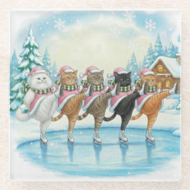 Christmas Cat Skaters Pink, Glass Coaster ガラスコースター