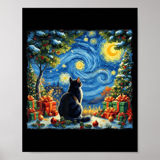 Christmas Cat Starry Night Van Gogh Santa Winter G ポスター (正面)