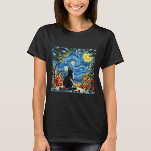 Christmas Cat Starry Night Van Gogh Santa Winter G Tシャツ (正面)