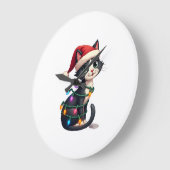 Christmas Cat Tuxedo black cat xmas lights kitty c ラージ壁時計 (傾斜)