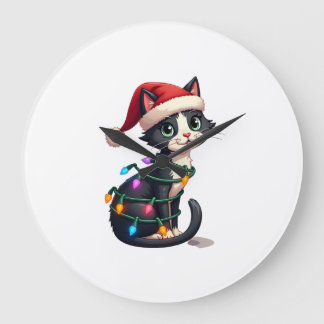 Christmas Cat Tuxedo black cat xmas lights kitty c ラージ壁時計