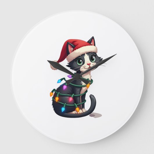 Christmas Cat Tuxedo black cat xmas lights kitty c ラージ壁時計 (正面)