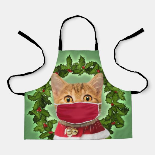Christmas Cat with coronavirus mask エプロン (正面)