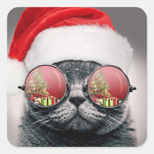 Christmas Cat With Sunglasses スクエアシール (正面)