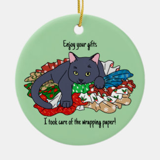Christmas cat with wrapping paper セラミックオーナメント