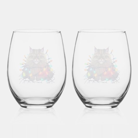 Christmas Cat Wrapped in Colorful Lights ステムなしワイングラス (裏面)