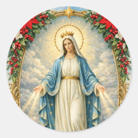 Christmas Catholic Virgin Mary Poinsettias ラウンドシール (正面)