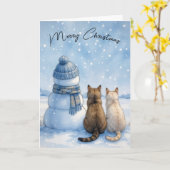 Christmas Cats Sitting With a Snowman In a Field カード (黄色い花)