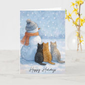 Christmas Cats Sitting With a Snowman In a Field カード (黄色い花)