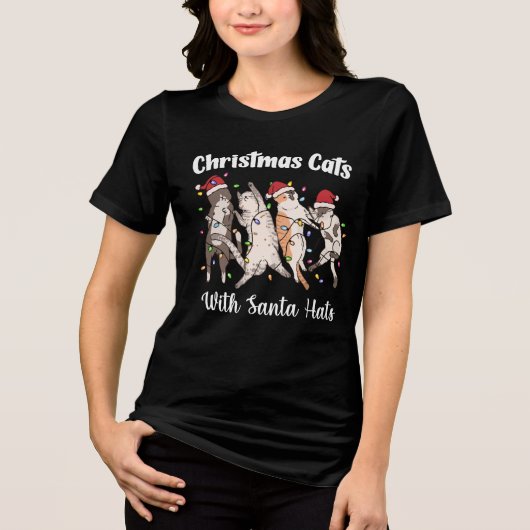Christmas Cats with Santa Hats Cute Funny Holiday トライブレンドＴシャツ (正面)