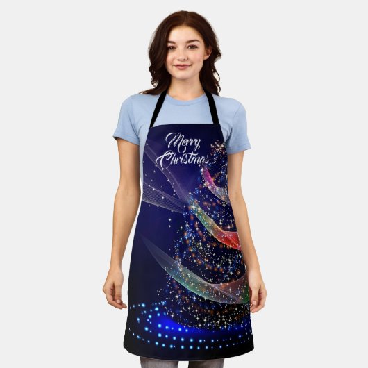 Christmas Celebration Colorful Tree Navy Blue エプロン (着用した状態)