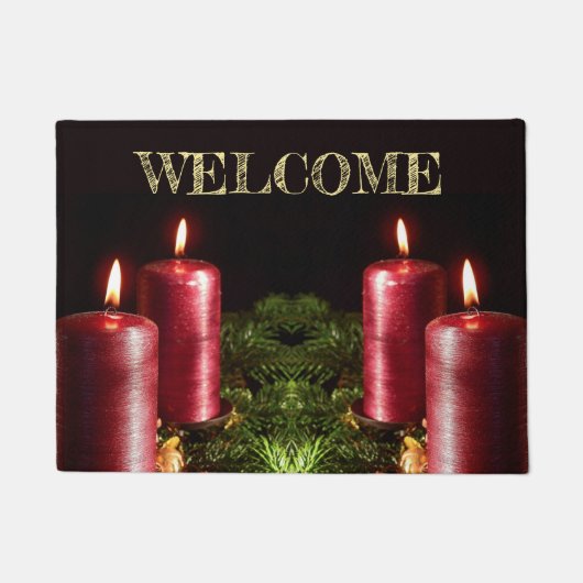 Christmas Celebration Red Candles Green Leaves ドアマット (正面)