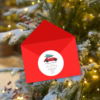 Christmas Change of Address Sticker | Red Car with ラウンドシール