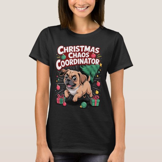 Christmas Chaos Coordinator Xmas Puppy Funny Puggl Tシャツ (正面)