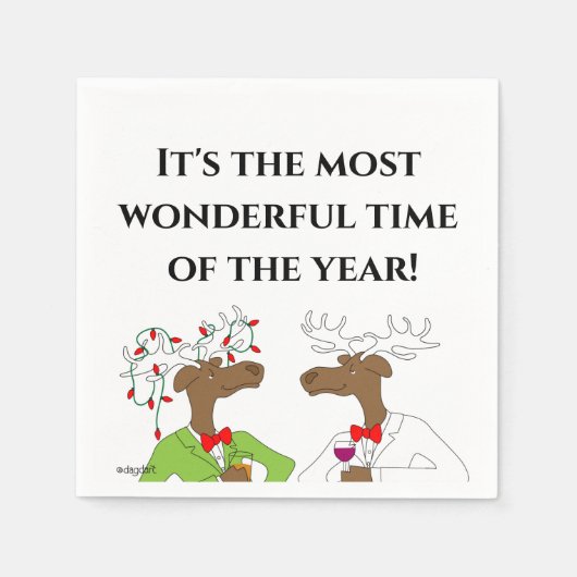 Christmas Cheer 2 Moose Napkins スタンダードカクテルナプキン (正面)