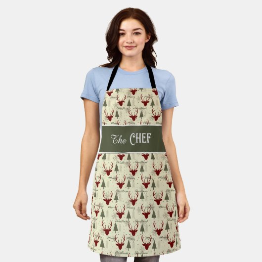 Christmas Cheer Apron with Deer and Trees エプロン (着用した状態)