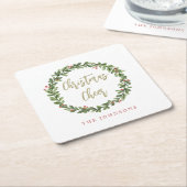 Christmas Cheer Wreath Gold Script Personalized スクエアペーパーコースター (アングル)