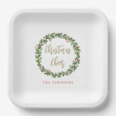 Christmas Cheer Wreath Gold Script Personalized ペーパープレート (正面)