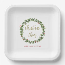Christmas Cheer Wreath Gold Script Personalized ペーパープレート