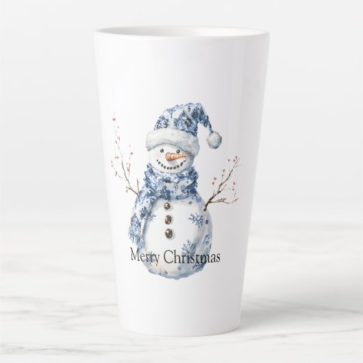 Christmas Chic Blue White Snowman カフェラテマグ (正面)