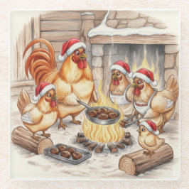 Christmas Chickens Roasting Chestnuts, Coaster ガラスコースター