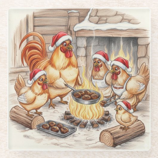 Christmas Chickens Roasting Chestnuts, Coaster ガラスコースター (正面)