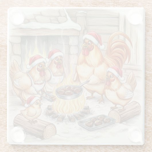 Christmas Chickens Roasting Chestnuts, Coaster ガラスコースター (裏面)