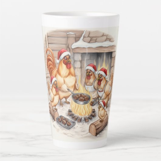 Christmas Chickens Roasting Chestnuts, Latte Mug カフェラテマグ (正面)