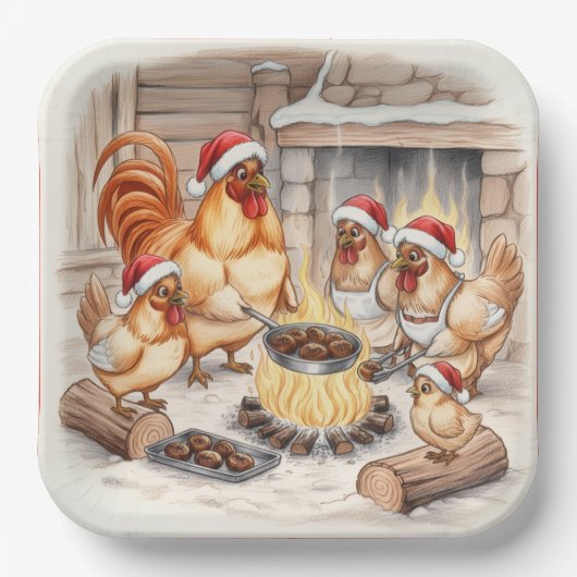 Christmas Chickens Roasting Chestnuts, Plates ペーパープレート (正面)