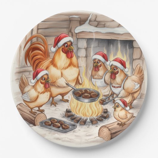 Christmas Chickens Roasting Chestnuts, Plates ペーパープレート (正面)