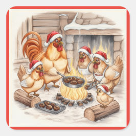 Christmas Chickens Roasting Chestnuts, Stickers スクエアシール