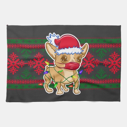 Christmas chihuahua wearing a medical mask キッチンタオル (横)