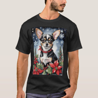 Christmas Chihuahua With Poinsettias & Snowflakes Tシャツ