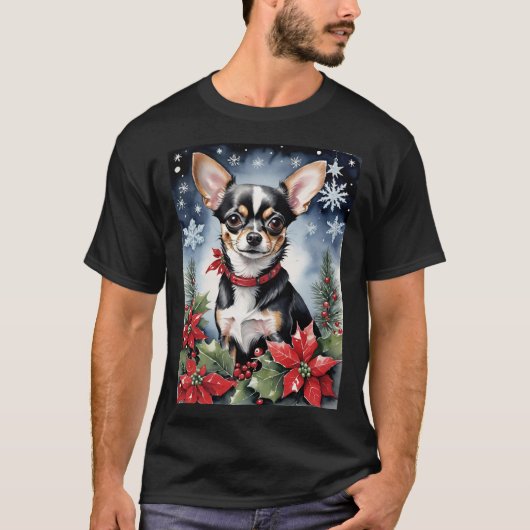 Christmas Chihuahua With Poinsettias & Snowflakes Tシャツ (正面)