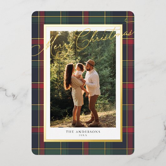 Christmas Classic Plaid Foil Photo Holiday Card 箔招待状 (正面)