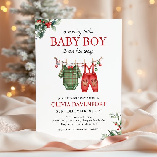Christmas Clothesline Merry Little Boy Baby Shower 招待状