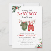 Christmas Clothesline Merry Little Boy Baby Shower 招待状 (正面)
