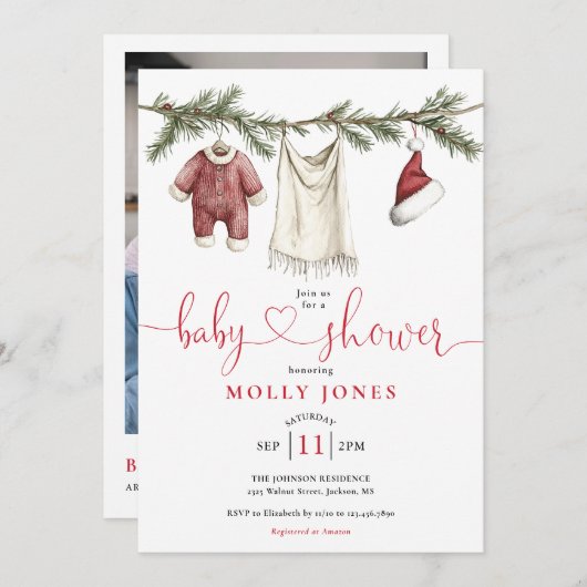 Christmas Clothesline Photo QR Code Baby Shower 招待状 (正面/裏面)