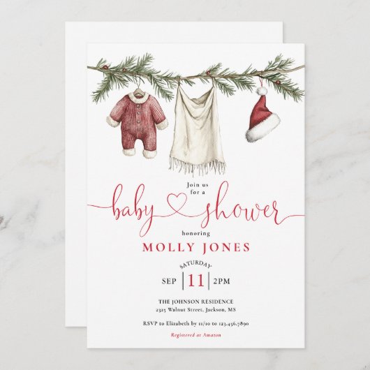 Christmas Clothesline Winter Baby Shower 招待状 (正面/裏面)