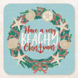 Christmas Coastal Tropical Sea Shell Wreath - Aqua スクエアペーパーコースター