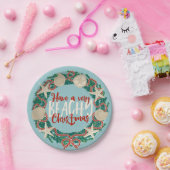 Christmas Coastal Tropical Sea Shell Wreath - Aqua ペーパープレート (パーティー)