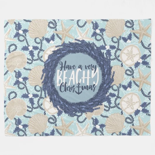 Christmas Coastal Tropical Sea Shell Wreath - Blue フリースブランケット (正面(横))