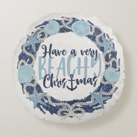Christmas Coastal Tropical Sea Shell Wreath -Blue ラウンドクッション (正面)