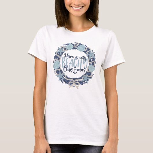 Christmas Coastal Tropical Sea Shell Wreath -Blue Tシャツ (正面)