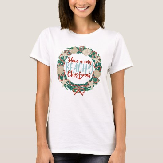 Christmas Coastal Tropical Sea Shell Wreath -Green Tシャツ (正面)